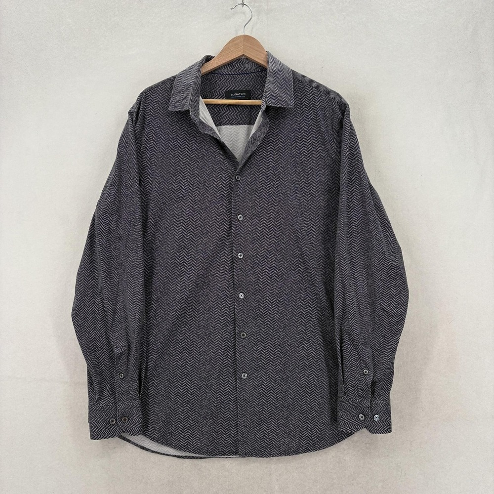 Bugatchi Shirt Mens XL Blue Herringbone Long Sleeve Button Up OoohCotton Tech